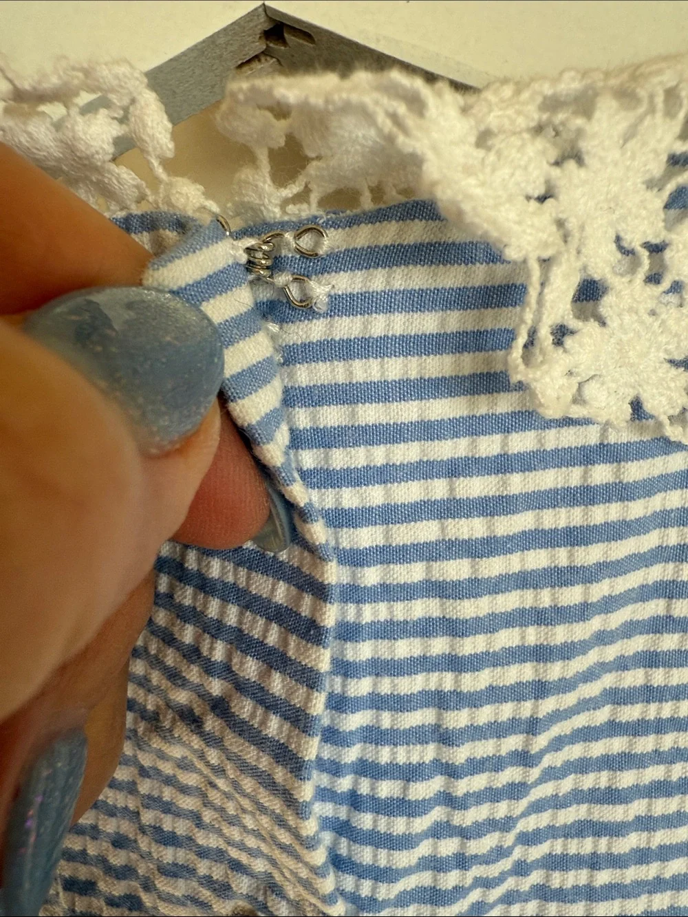 Polo Ralph Lauren Blue and White Seersucker Dress, Lace Collar girls size 6